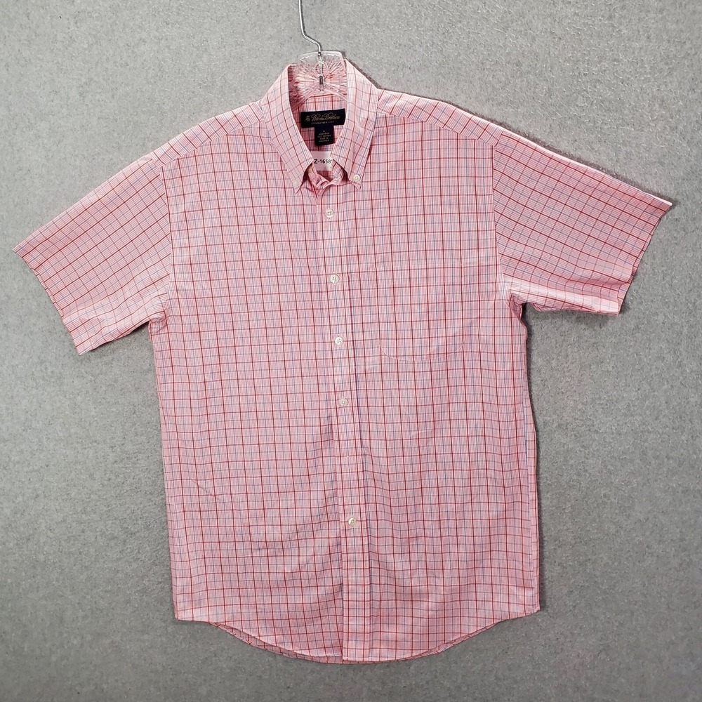 Brooks Brothers Men Button Up Shirt Small Pink Plaid Short Sleeve Collar
